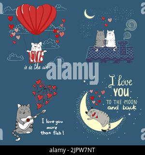 Cute cats in love. Set of romantic backgrounds. Collection of Valentine`s Day cards. Vector illustrations Stock Vector